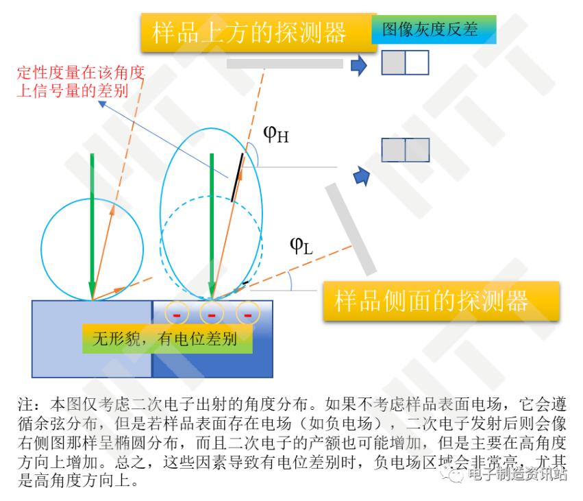 不同角度信號(hào)電子對(duì)電位/荷電襯度反映的示意圖