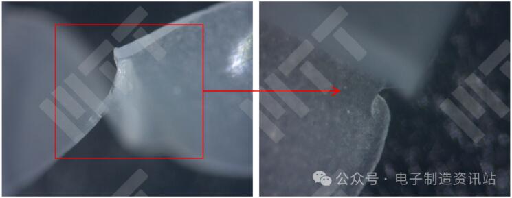 NG ECU 拆下來(lái)蓋板上密封圈連接處扭曲位置的體視顯微鏡圖片